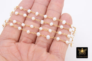 Dainty Pearl Rosary Chain: Gold Wire Wrapped, 4mm Freshwater Beads